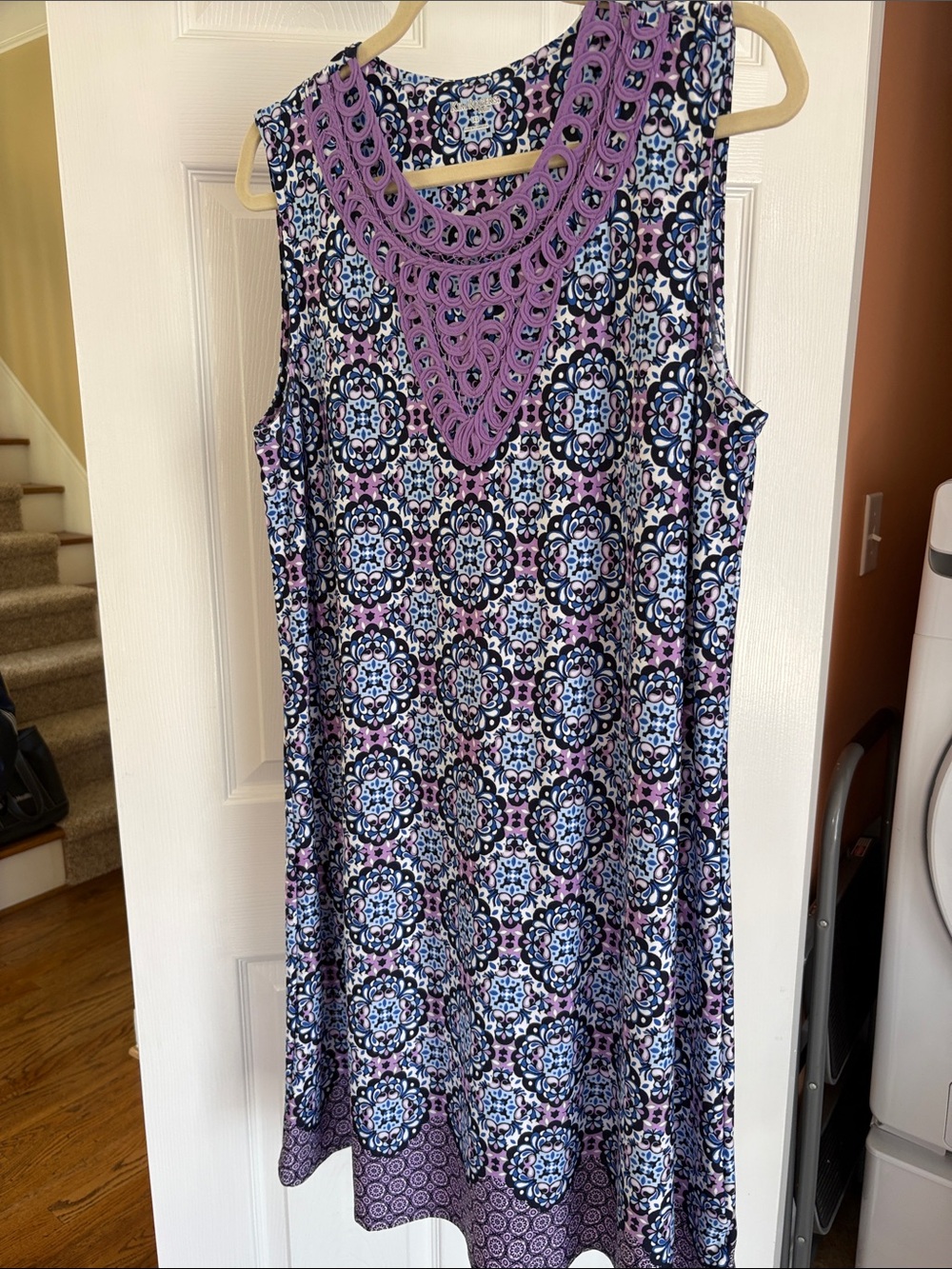Kim Rogers Purple & Blue Patterned Midi Dress with Crochet Yoke